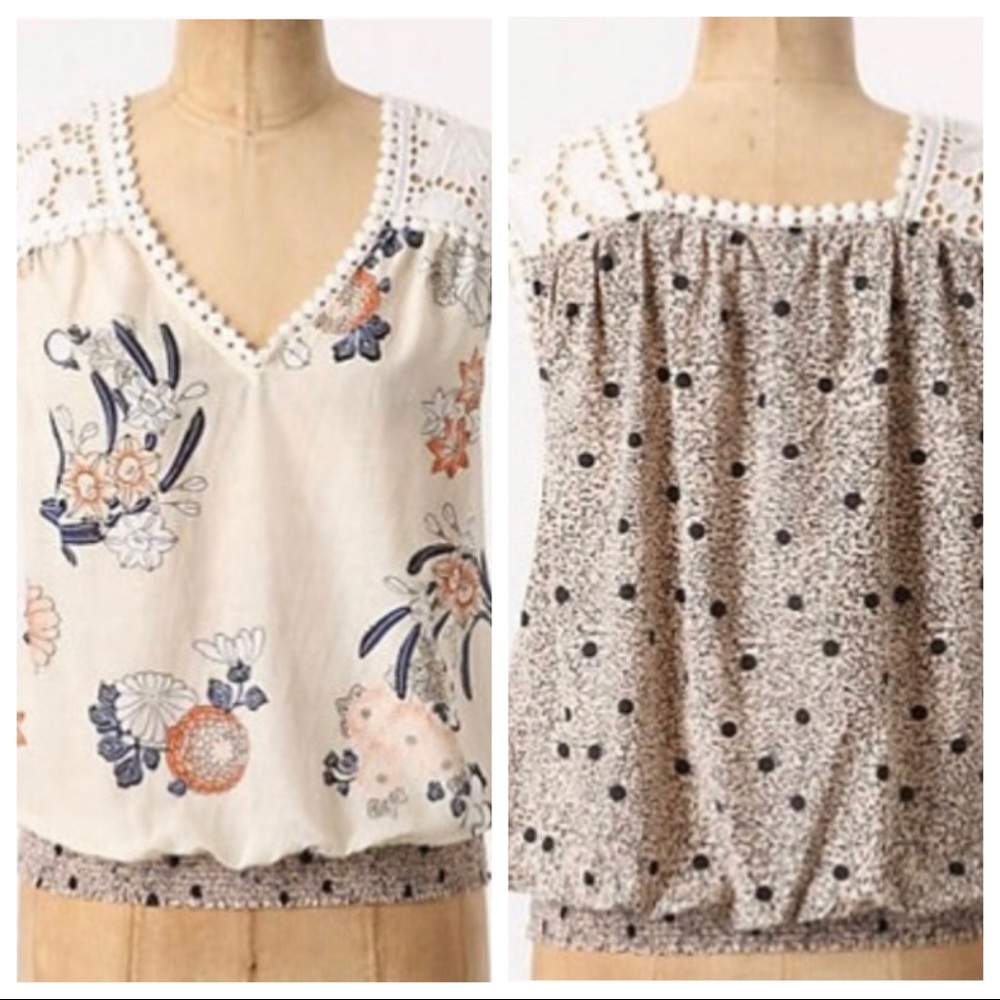 Anthropologie Cream Floral & Navy Mixed-Print Blouse